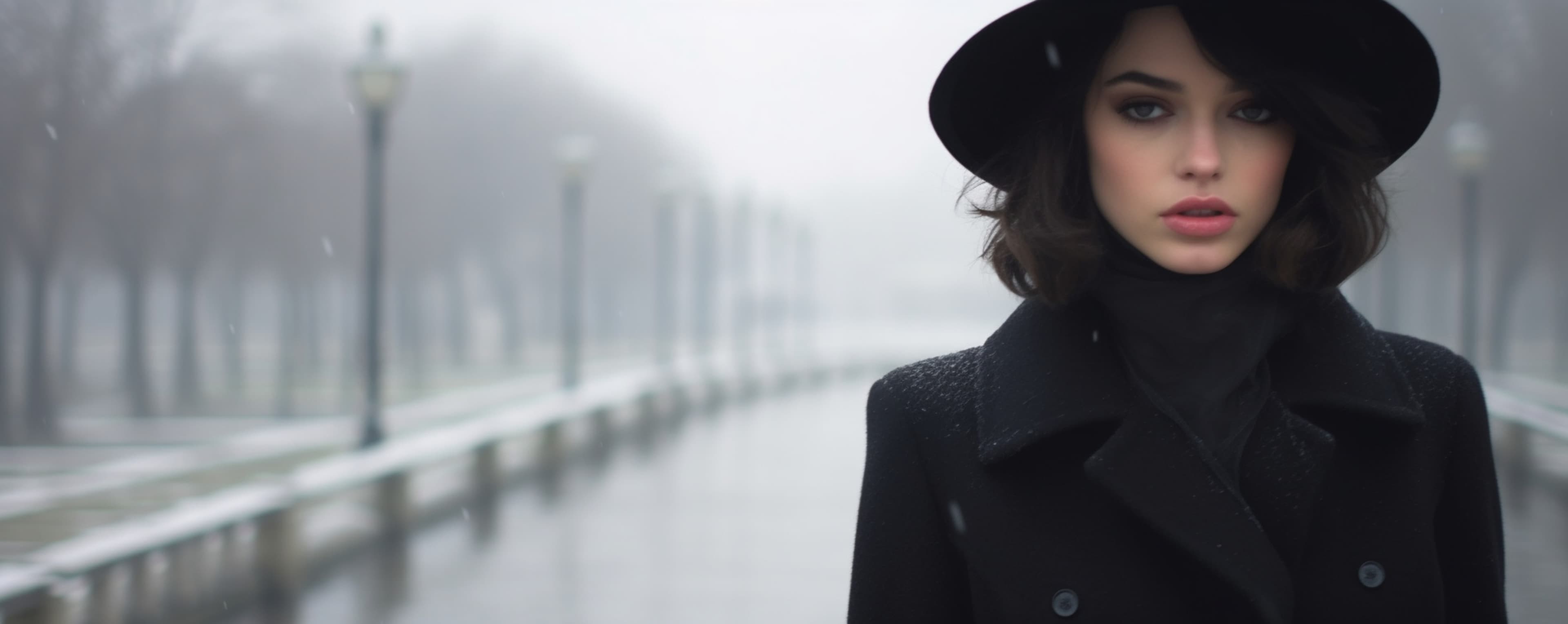 A woman in a black wool coat and wide-brimmed hat on a snow-covered promenade.
